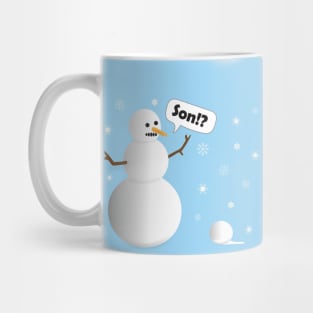 Funny Cartoon Father Snowman Mistakes a Snowball for His Son Mug